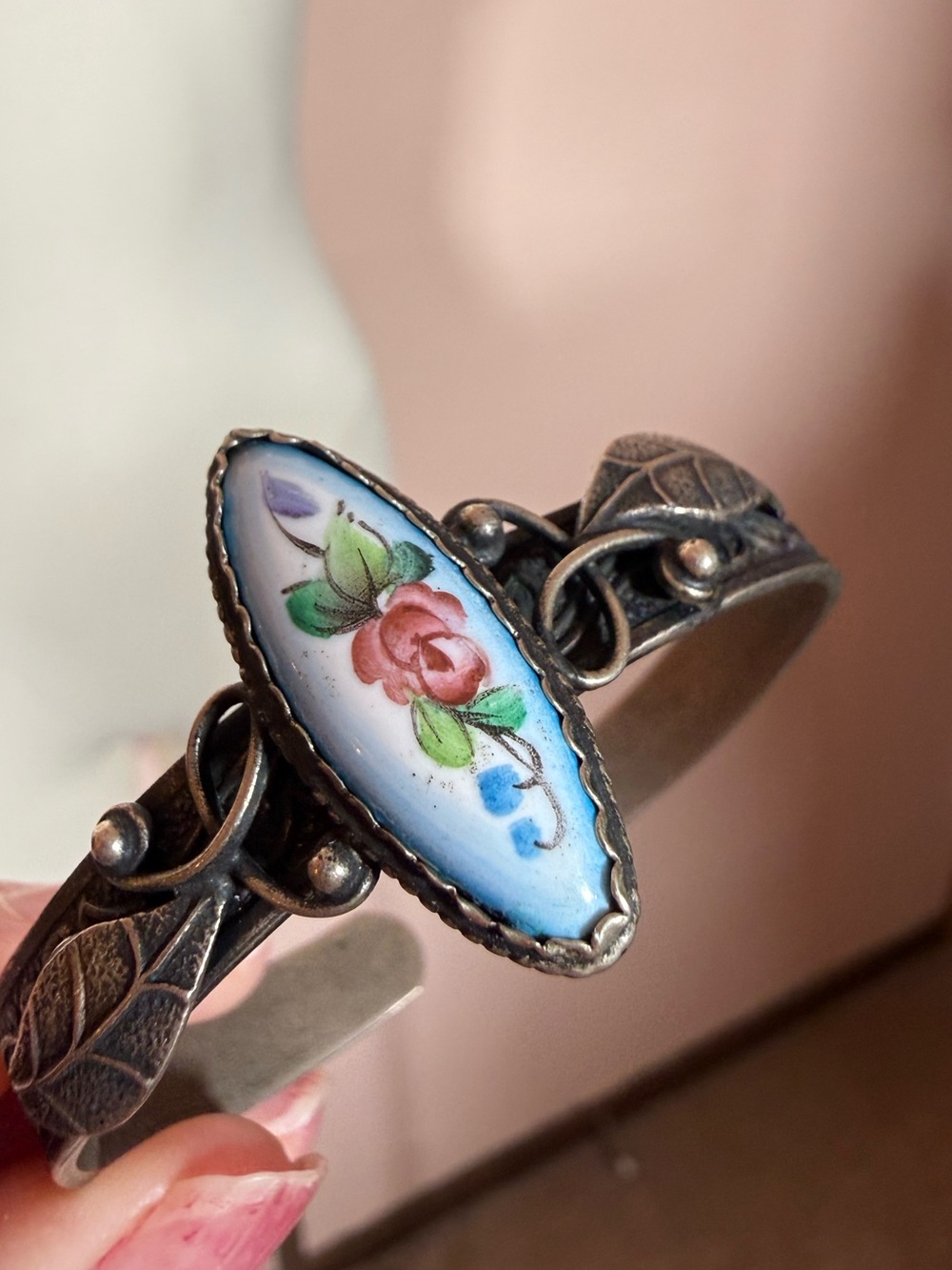 Vintage Russian Rostov Finift Hand Painted silver cuff bracelet Victorian Boho - Picture 13 of 16